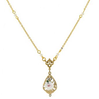 1928 Gold Tone White Porcelain Rose & Crystal Accent Necklace