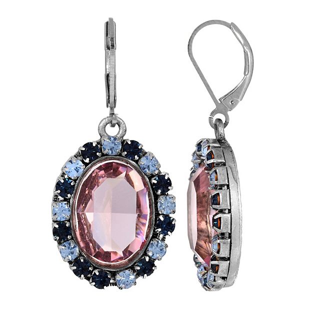 1928 Silver Tone Purple Blue Halo Crystal Oval Drop Earrings
