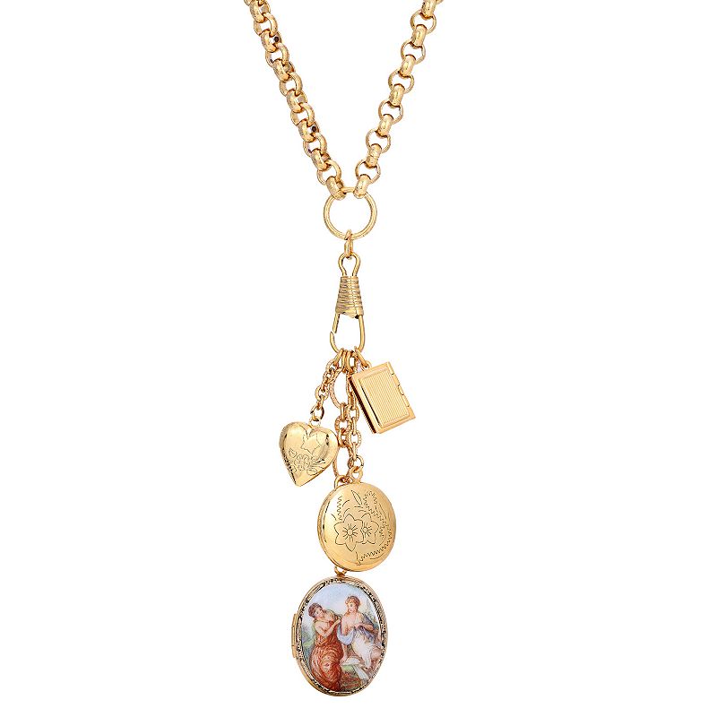 1928 Gold Tone Victorian Art, Book & Heart Locket Necklace, Womens