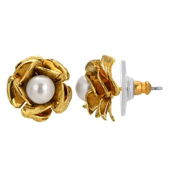 1928 Gold Tone Simulated Pearl Flower Stud Earrings