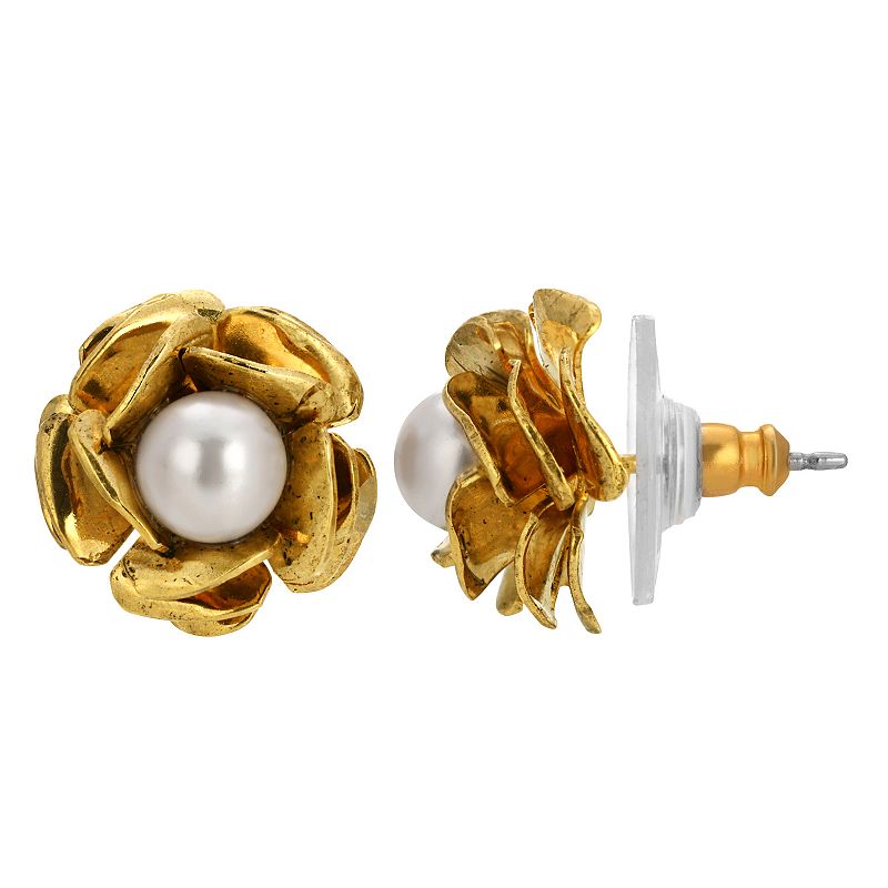 1928 Gold Tone Simulated Pearl Flower Stud Earrings, Womens, White