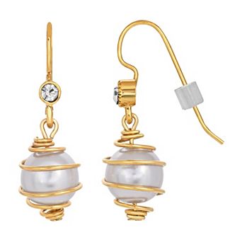 1928 Gold Tone Simulated Pearl Wire Wrapped Drop Earrings