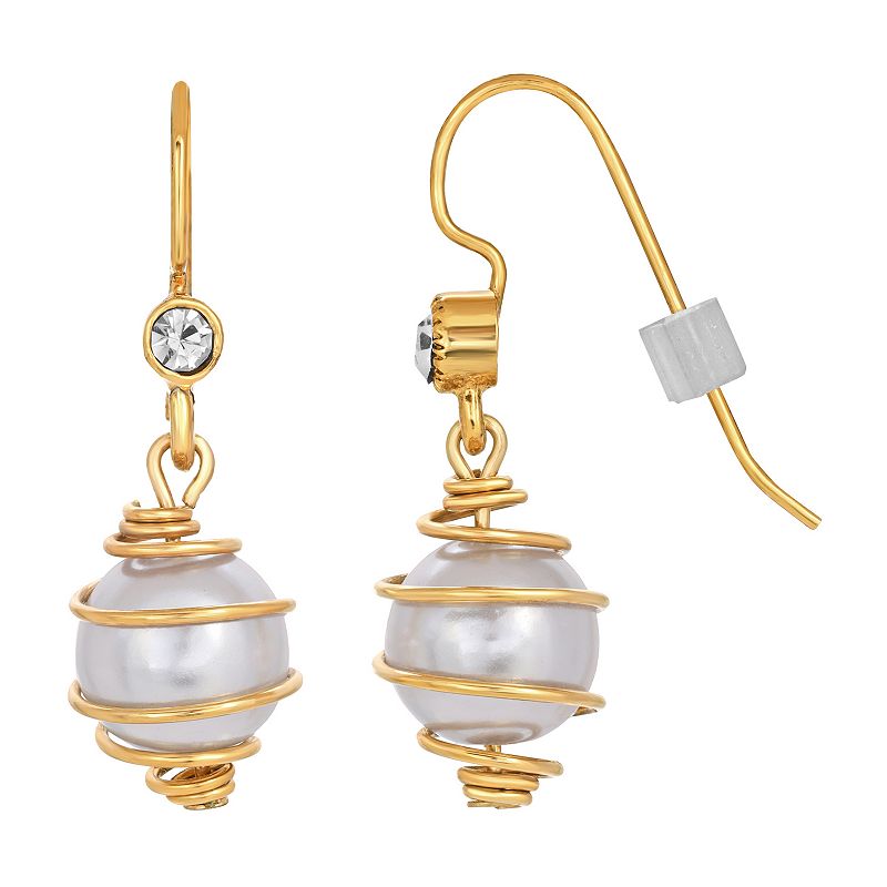 1928 Gold Tone Simulated Pearl Wire Wrapped Drop Earrings, Womens, White