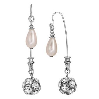 1928 Silver Tone Simulated Pearl & Crystal Front-Back Drop Earrings