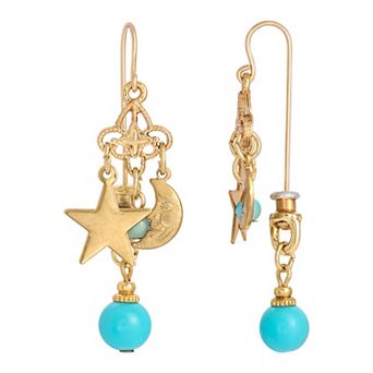1928 Gold Tone Simulated Turquoise Star & Moon Front-Back Earrings