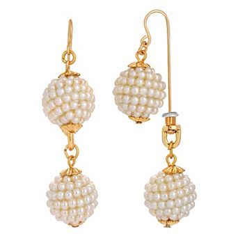 1928 Gold Tone Simulated Pearl Ball Front-Back Drop Earrings