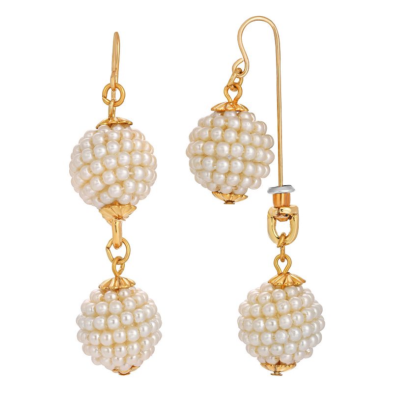 1928 Gold Tone Simulated Pearl Ball Front-Back Drop Earrings, Womens, Whit