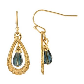 1928 Gold Tone Blue Bead Teardrop Earrings