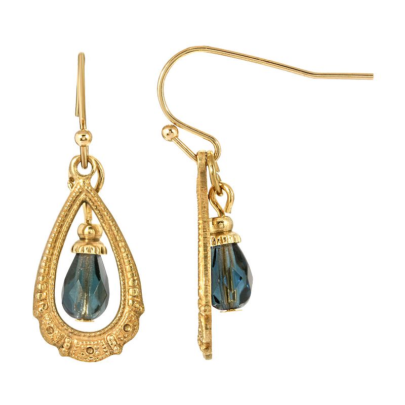 1928 Gold Tone Blue Bead Teardrop Earrings, Womens