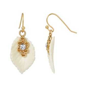 1928 Gold Tone Porcelain Leaf Earrings with Crystal Accents