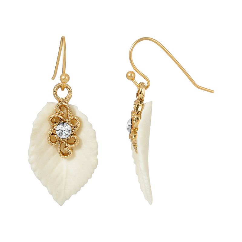1928 Gold Tone Porcelain Leaf Earrings with Crystal Accents, Womens, White
