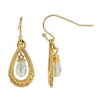 1928 Gold Tone Clear Bead Teardrop Wire Earrings