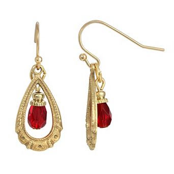 1928 Gold Tone Red Bead Teardrop Wire Earrings