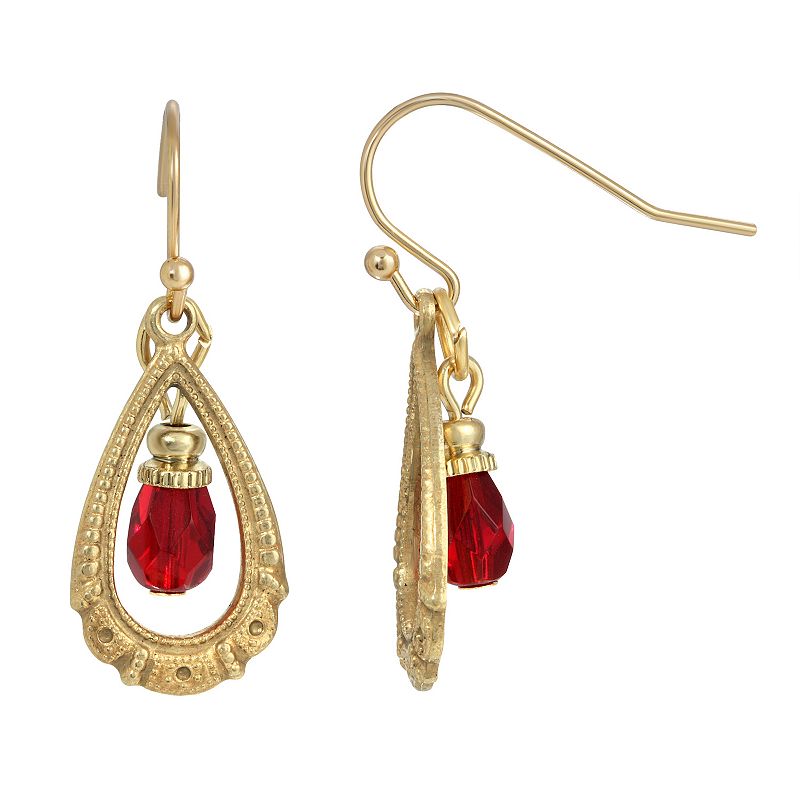 1928 Gold Tone Red Bead Teardrop Wire Earrings, Womens