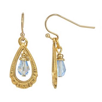 1928 Gold Tone Light Blue Bead Teardrop Wire Earrings