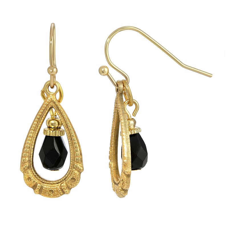 1928 Gold Tone Black Bead Teardrop Wire Earrings, Womens
