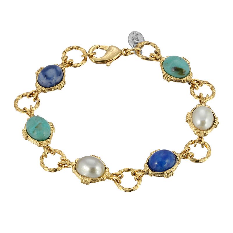 1928 Gold Tone Simulated Pearl & Blue Stone Link Bracelet, Womens