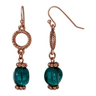 1928 Copper Tone Green Bead Wire Drop Earrings