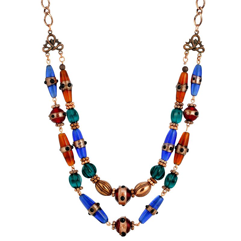 1928 Copper Tone Red & Blue Double Strand Beaded Necklace, Womens, Multico