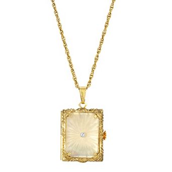 1928 Gold Tone White Frosted 3-Fold Locket Necklace