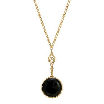 1928 Gold Tone Black Round Pendant Necklace