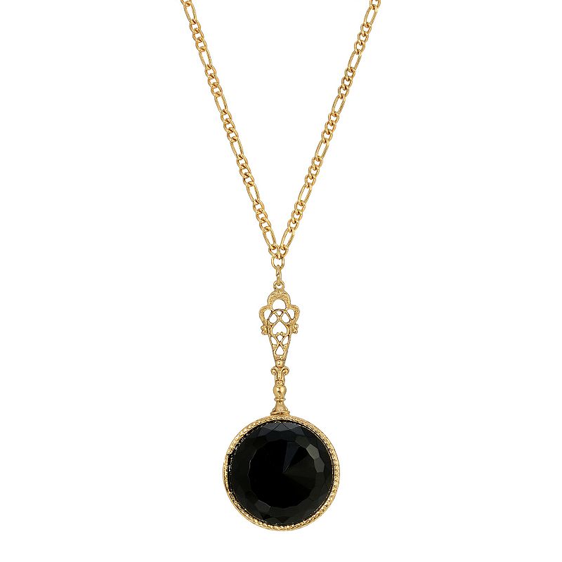 1928 Gold Tone Black Round Pendant Necklace, Womens