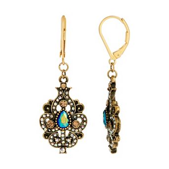 1928 Antiqued Gold Tone Aurora Borealis Simulated Crystal Ornate Earrings