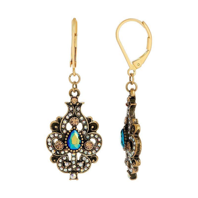 1928 Gold Tone Aurora Borealis Simulated Crystal Ornate Earrings, Womens, 