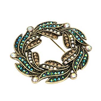 1928 Antiqued Gold Tone Multicolor Simulated Crystal Wreath Brooch