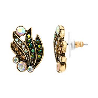 1928 Antiqued Gold Tone Simulated Crystal Petal Stud Earrings