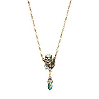 1928 Antiqued Gold Tone Simulated Crystal Petal Pendant Necklace