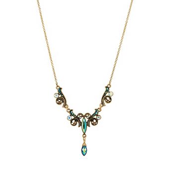 1928 Antiqued Gold Tone Aurora Borealis Simulated Crystal Bead Droplet Necklace