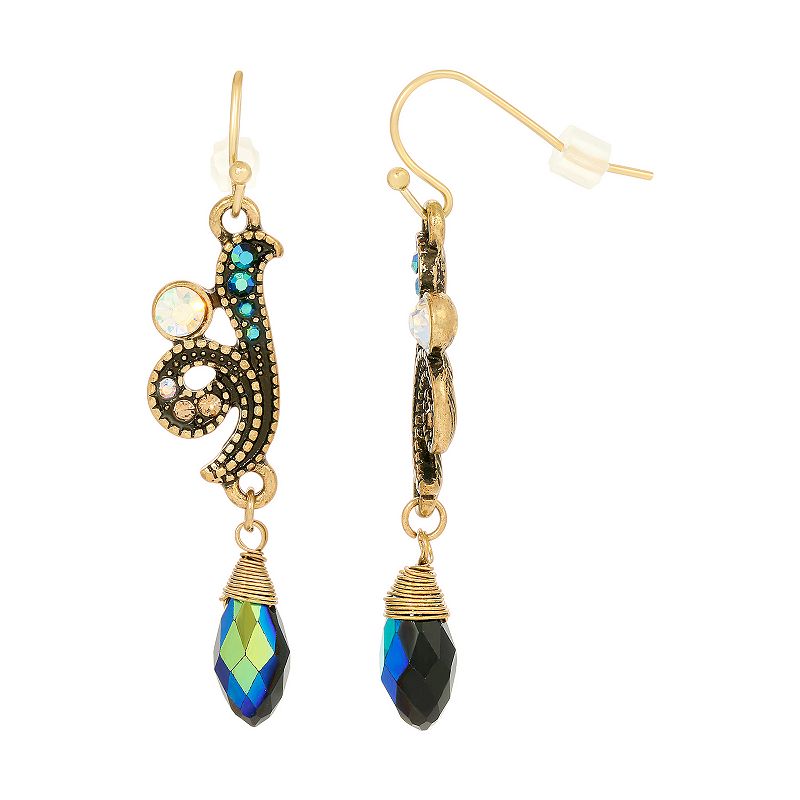 1928 Antiqued Gold Tone Multicolor Simulated Crystal Droplet Bead Earrings,