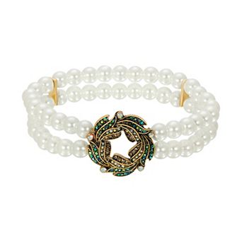 1928 Antiqued Gold Tone Simulated Pearl Wreath Two-Row Stretch Bracelet