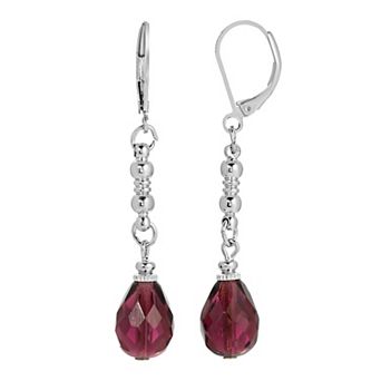 1928 Silver Tone Ruby Color Drop Earrings
