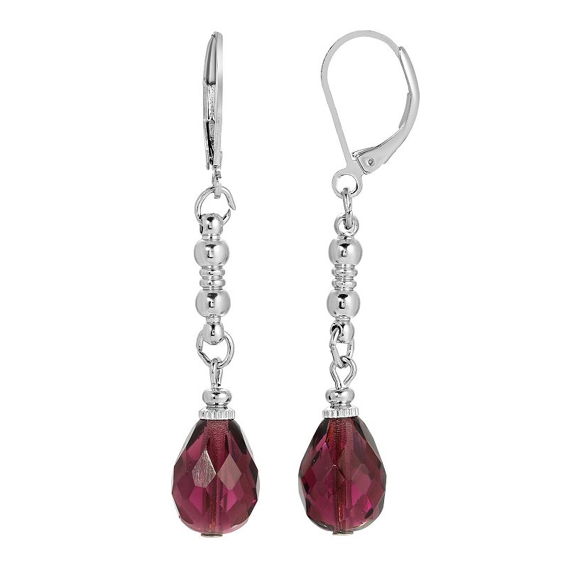 1928 Silver Tone Ruby Color Drop Earrings, Womens, Purple