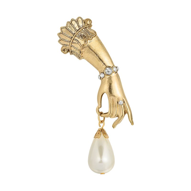 1928 Gold Tone Ladys Hand Pin with Simulated Pearl & Crystal Accents, Wome