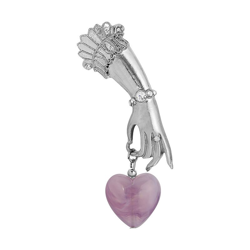 1928 Silver Tone Ladys Hand Pin with Pink Heart Charm, Womens