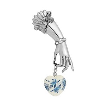 1928 Silver Tone Lady's Hand Pin with Crystal Accents & Blue & White Heart Charm