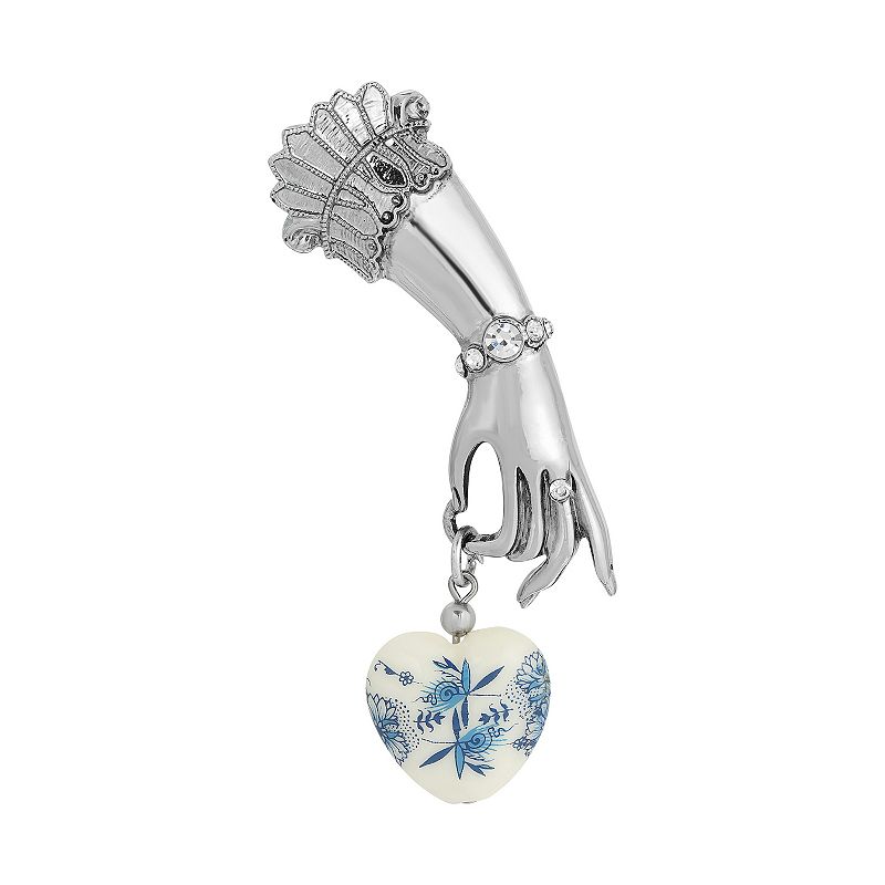 1928 Silver Tone Ladys Hand Pin with Crystal Accents & Blue & White Heart 