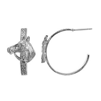 1928 Silver Tone Horse Head C-Hoop Earrings