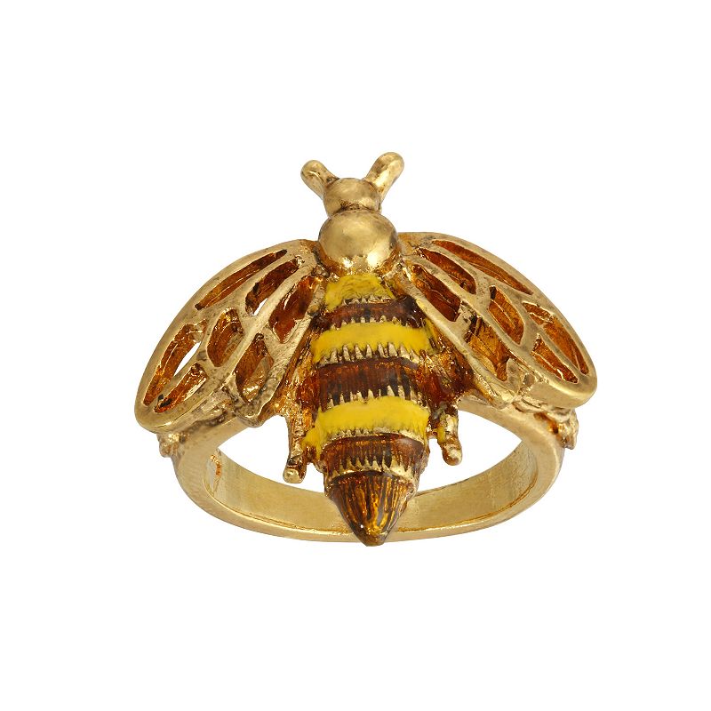 1928 Gold Tone Yellow & Brown Enamel Bee Ring - Size 7, Womens