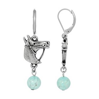 1928 Silver Tone Turquoise Bead Horse Head Earrings