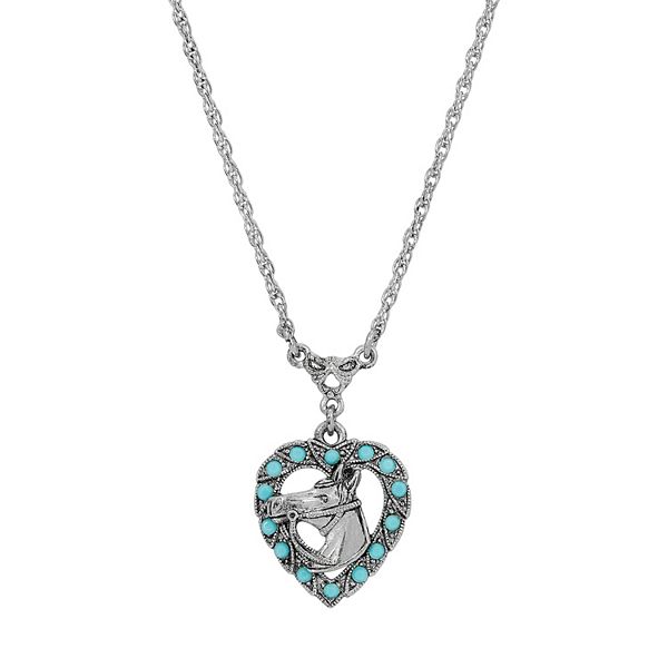 1928 Silver Aqua Crystal Horse Heart Necklace