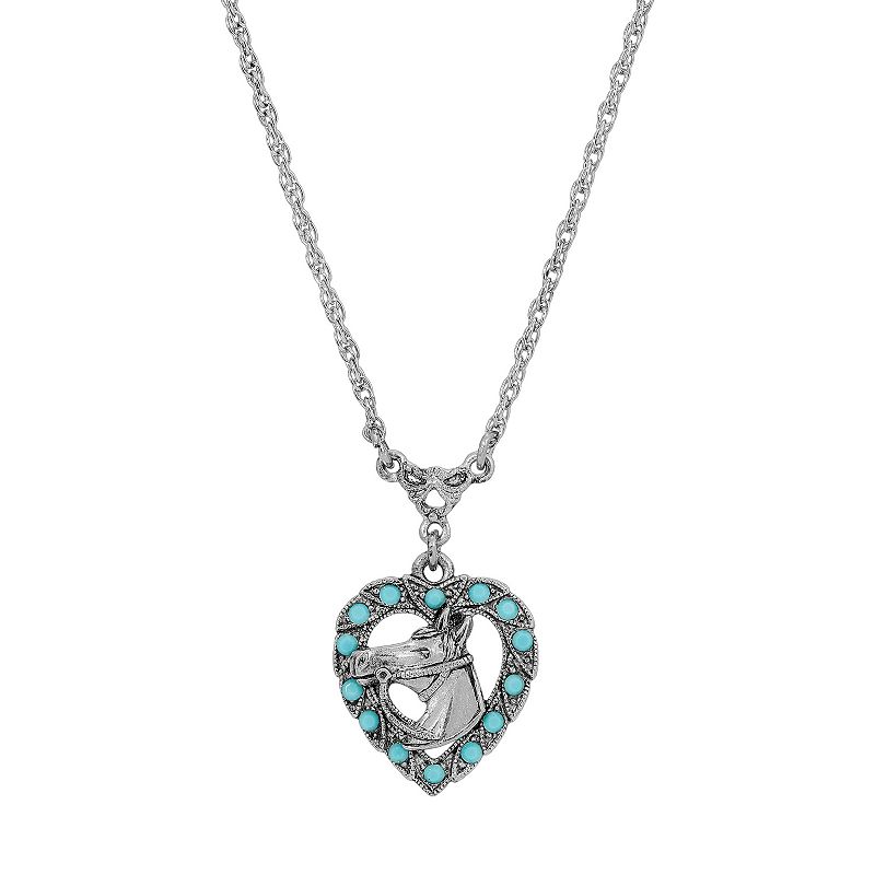 1928 Silver Aqua Crystal Horse Heart Necklace, Womens, Blue