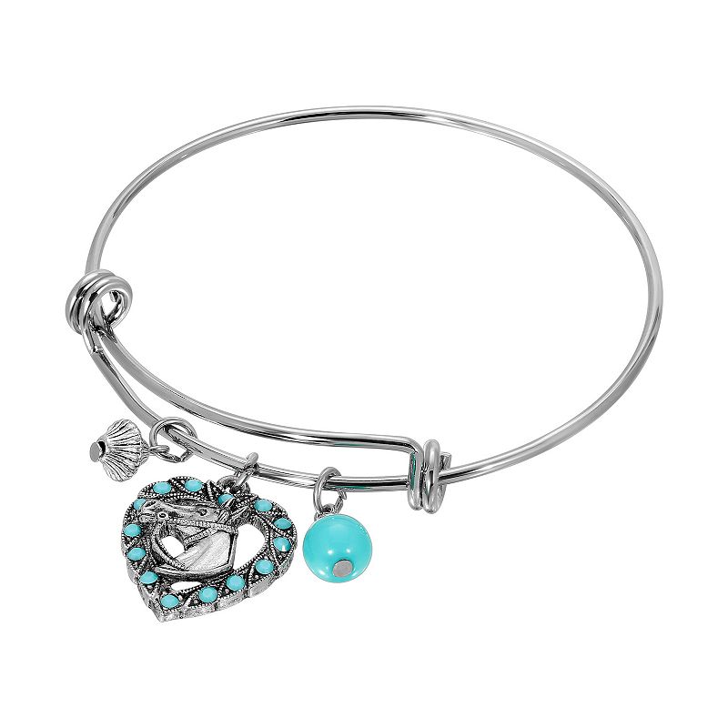 1928 Silver Tone Turquoise Color Crystal Heart Horse Bracelet, Womens, Blu
