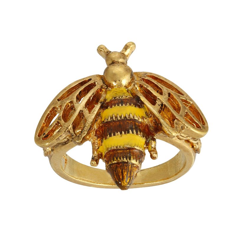 1928 Gold Tone Yellow & Brown Enamel Bee Ring - Size 8, Womens