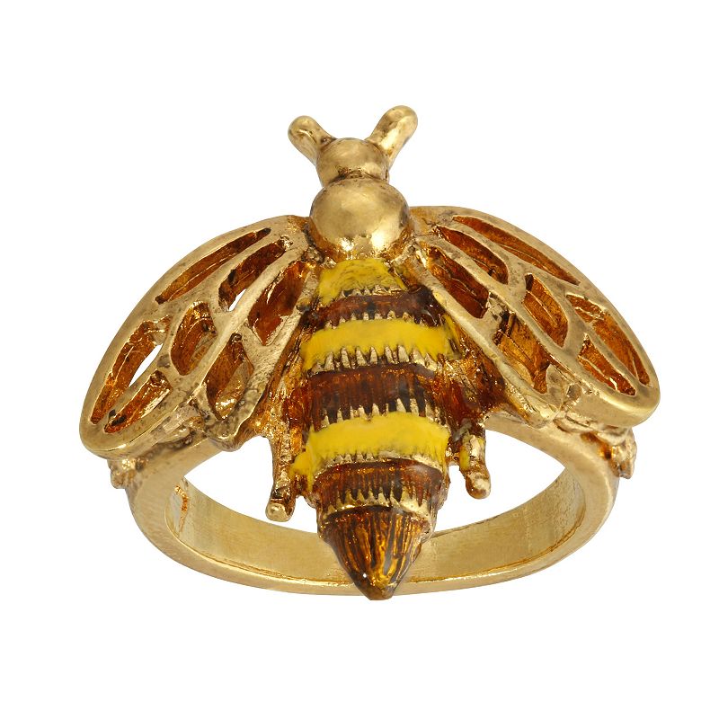 1928 Gold Tone Yellow & Brown Enamel Bee Ring - Size 9, Womens