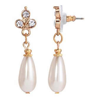 1928 Gold Tone Simulated Pearl & Crystal Drop Earrings