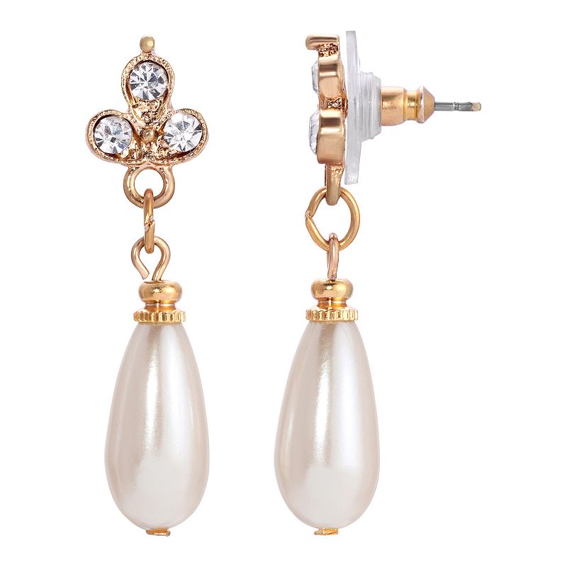 1928 Gold Tone Simulated Pearl & Crystal Drop Earrings, Womens, White